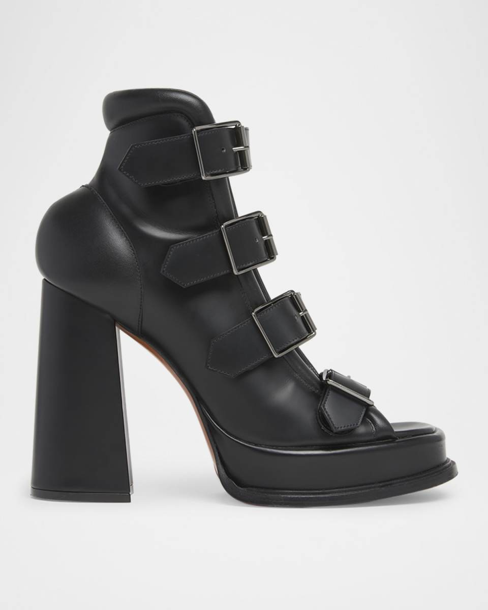 Buckle Leather Peep-Toe Sandals